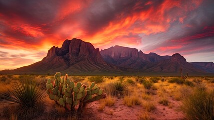 Big Bend National Park Sunset Over Desert Landscape with Cactus, Mountains, and Red Sky