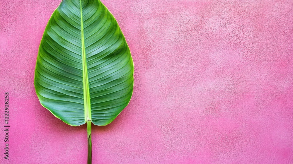 Poster Tropical green leaf close up on a vibrant pink wall background creating a fresh and inviting atmosphere with space for text or design elements