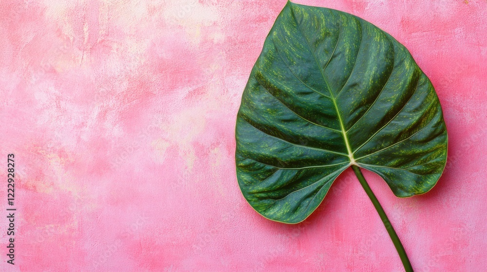 Poster tropical green leaf close up on textured pink wall background with ample copy space for creative tex