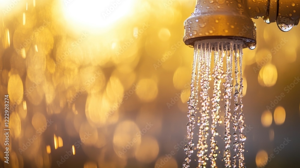 Poster morning dew reflections on sprinkler with golden glow and empty space for text use in marketing or d