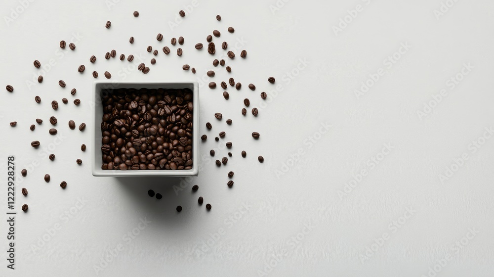 Poster Square cup filled with coffee beans placed on a white tabletop with scattered beans and ample space for text or design elements