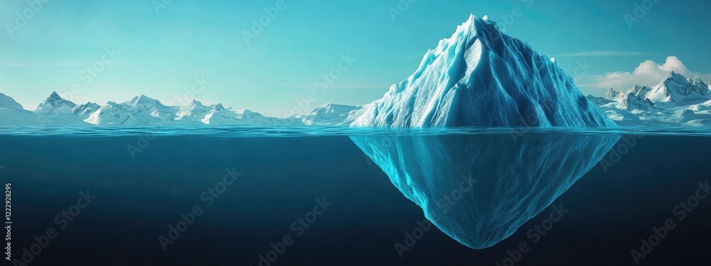 Poster majestic iceberg partially submerged in calm ocean waters with clear sky and ample space for text or