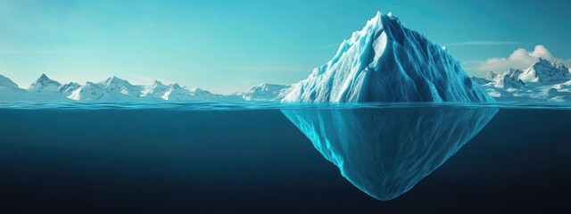 Majestic iceberg partially submerged in calm ocean waters with clear sky and ample space for text or overlay graphics