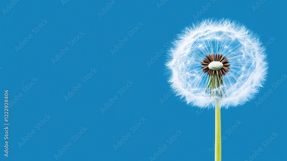 Poster Dandelion close up with white seeds on flower head against a blue background providing ample empty space for text or graphics