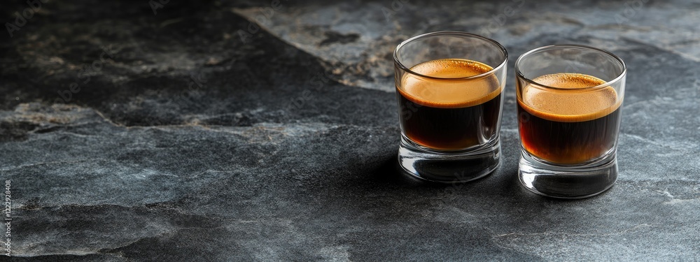 Poster double shot espresso in clear glasses on dark grey stone surface with ample empty space for text or 