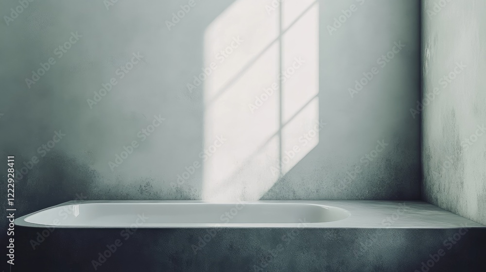 Poster close up of a modern minimalist gray bathroom corner showcasing a sleek bathtub with ample empty spa