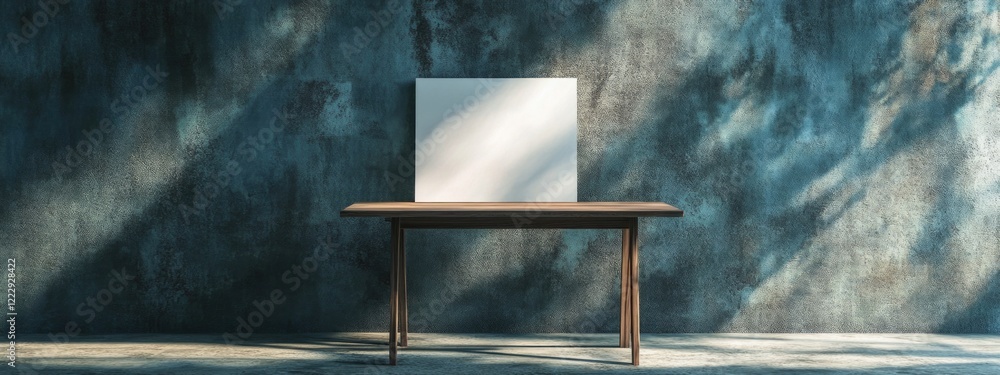 Poster drafting table on concrete floor in contemporary setting with blank canvas and textured wall creatin