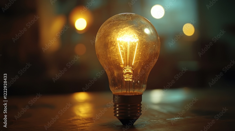 Leinwandbilder glowing vintage light bulb on a table with soft bokeh background and ample copy space for text or br