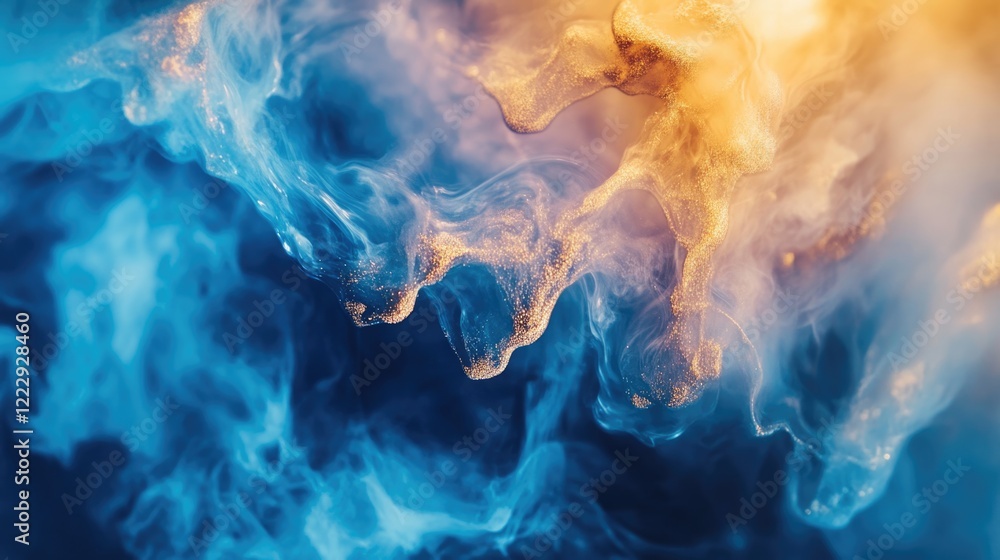 Poster vibrant abstract fluid art featuring deep blue and golden splashes with ample space for text or crea