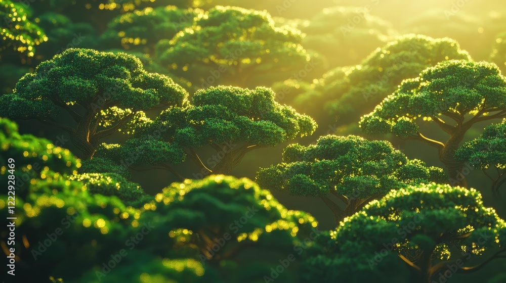 Poster Cluster of vintage trees bathed in sunlight creating a serene landscape with ample empty space for text or overlays
