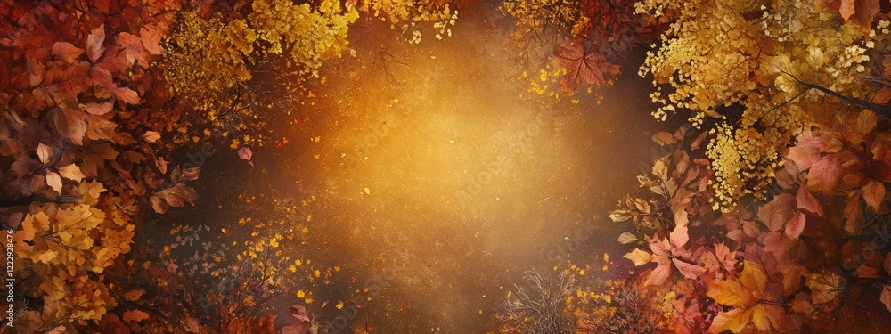 Poster autumn forest aerial view with vibrant foliage and soft focus center space for text or graphics