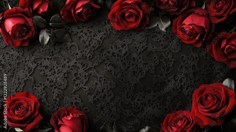 Poster elegant composition of red roses on black lace background with ample empty space for text or floral 