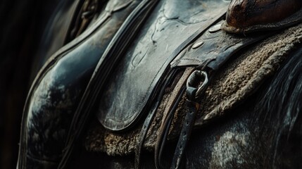 Close up of a leather saddle on a horse showcasing intricate details with ample empty space for custom text or branding elements