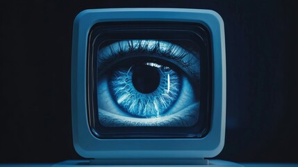 Compact Eye Scanner Displaying a Blue Iris with Framed Copy Space for Text in a Modern Futuristic Setting