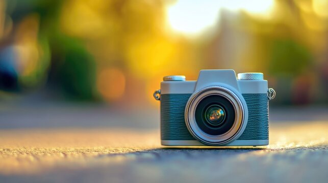 Compact Vintage Mini Camera on Sunset Background with Colorful Bokeh and Space for Custom Text or Branding
