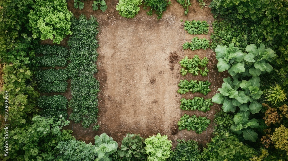 Aufkleber aerial view of community garden with lush vegetables and empty space for text on sustainable farming