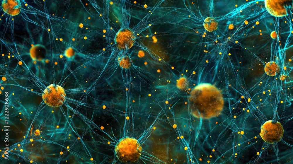 Poster neural network data visualization with copy space for text and graphic elements in blue and orange c