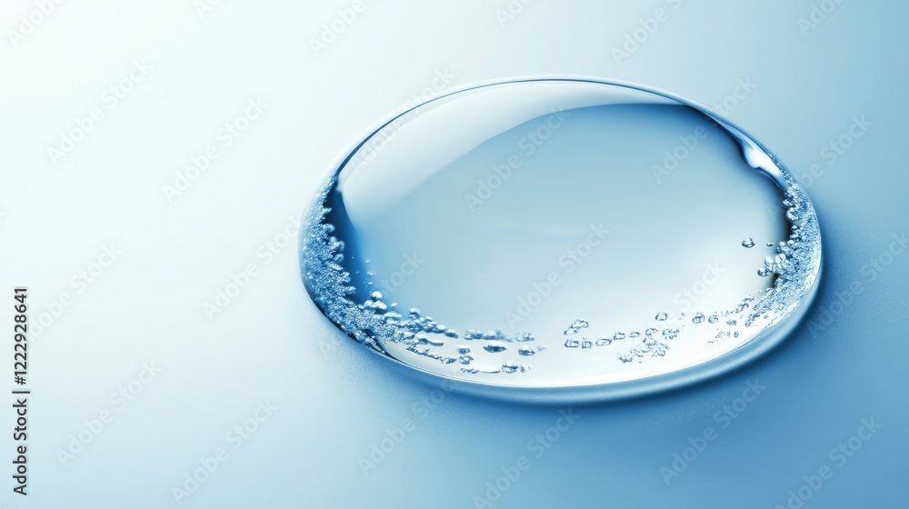 Poster Frozen raindrop surrounded by soft blue background with empty space for text ideal for nature or design themes