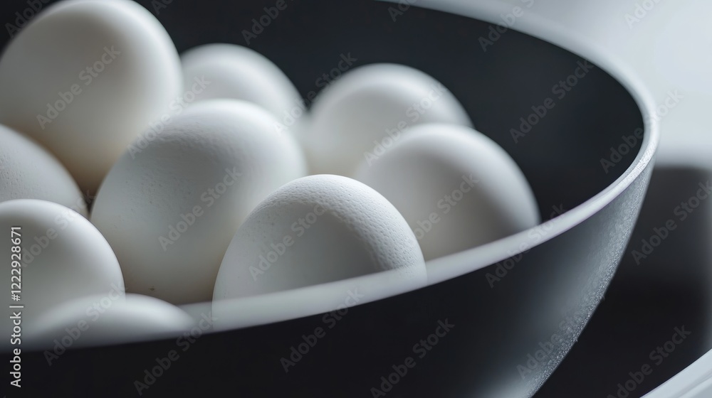 Aufkleber Close up of a frying pan filled with fresh eggs ready for cooking with ample space for text or branding overlay.