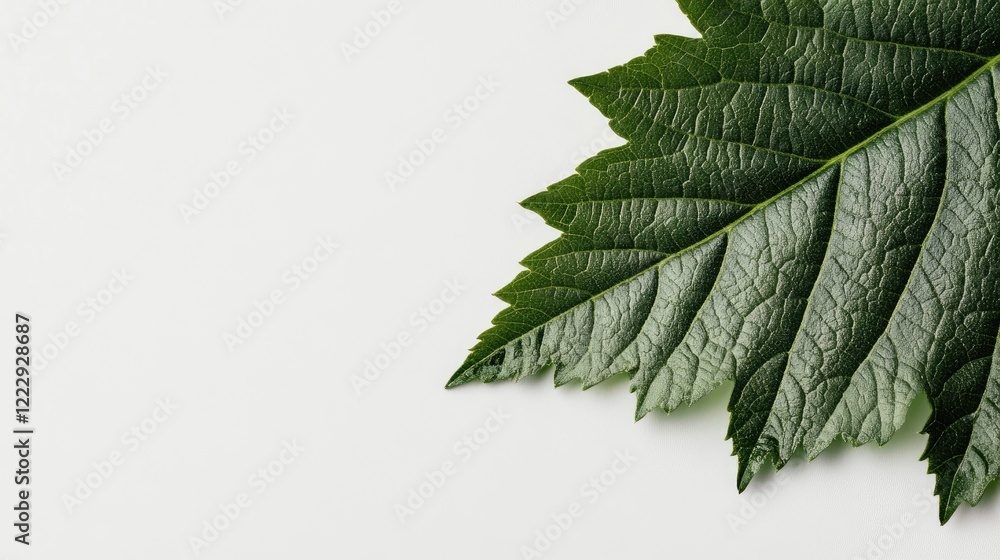 Poster fresh green leaf close up on a white background with ample copy space for natural and eco-friendly d