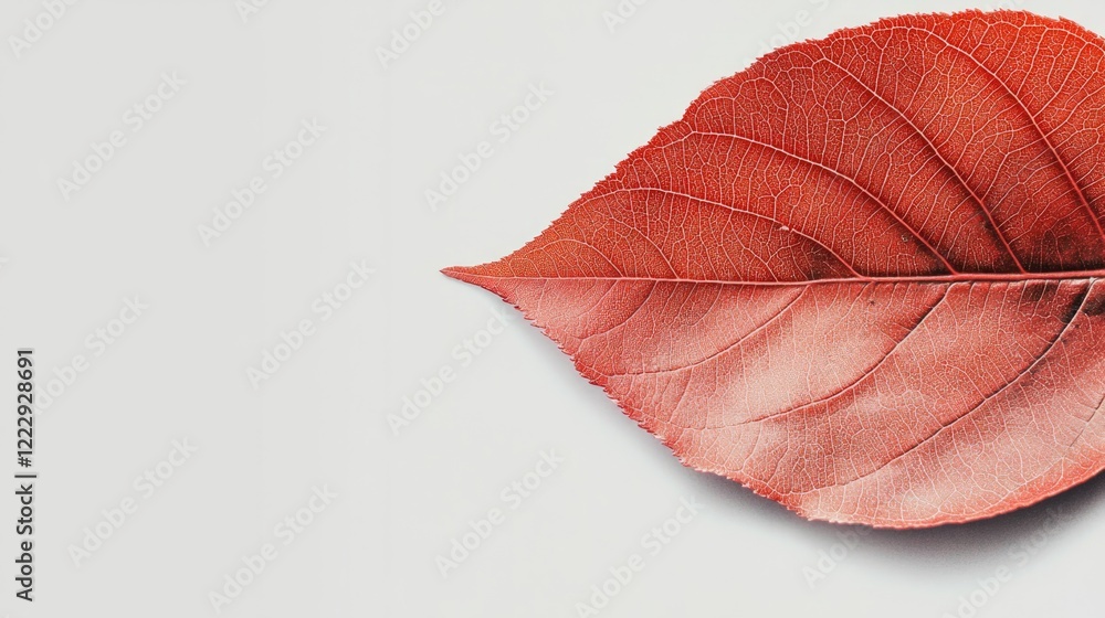 Aufkleber red autumn leaf close up on a white background with ample copy space ideal for text or design elemen