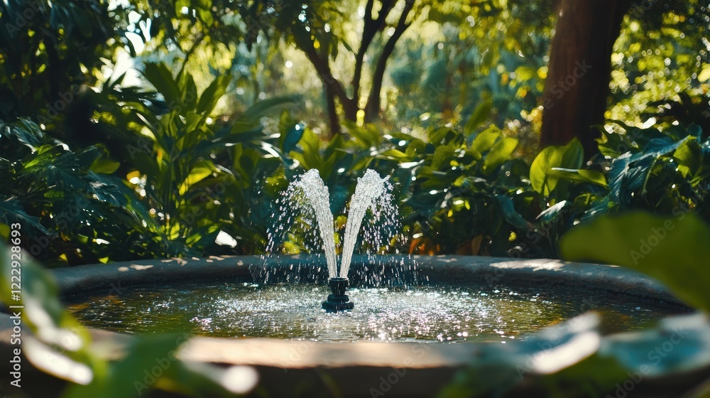 Poster serene garden fountain with gushing water surrounded by lush greenery and trees featuring ample copy