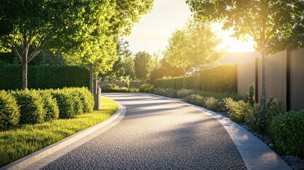 Fototapeta premium Serene Side Road with Lush Greenery and Inviting Entrance Ideal for Custom Text or Advertising Messages