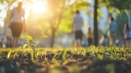 Community Volunteering Outdoor Scene with Blurred People in Green Park Ideal for Promoting Environmental Initiatives and Social Engagement