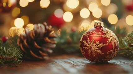 Elegant holiday ornament and pine cone on a wooden tabletop with blurred festive lights in the background creating a warm seasonal atmosphere