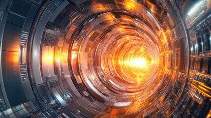 Futuristic nuclear fusion generator interior with glowing energy patterns and ample space for text or advertising purposes