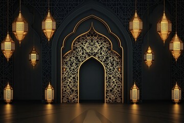 The beautiful, black design with golden lanterns on the sides and the mosque gate echoes the space in the center. Celebrating the end of Muslim fasting. Advertising banner for the holy holiday