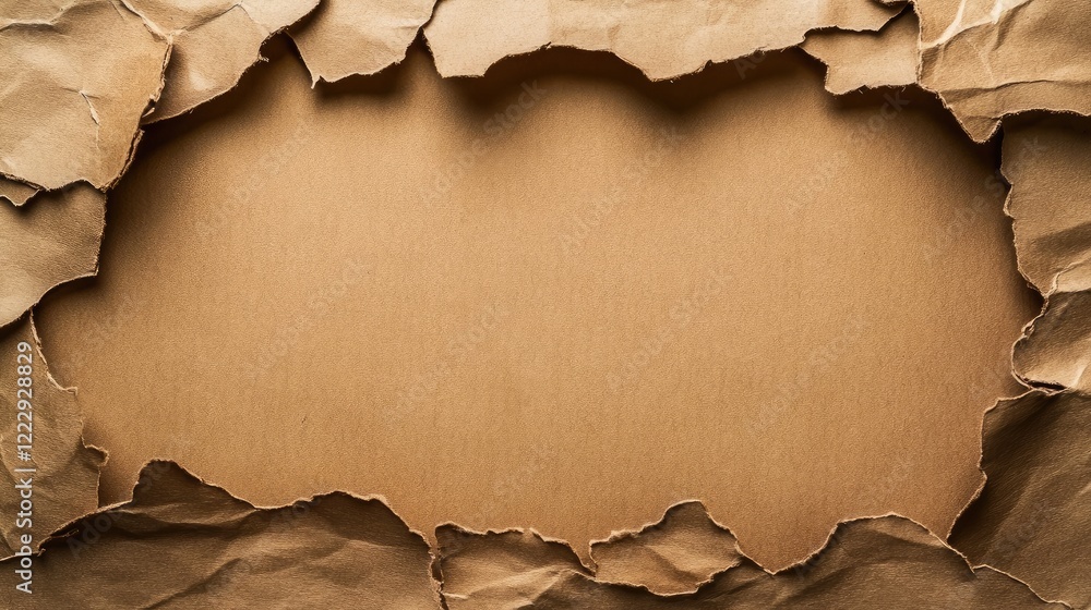 Poster vintage brown crumpled paper background with textured edges and empty center space for custom text o