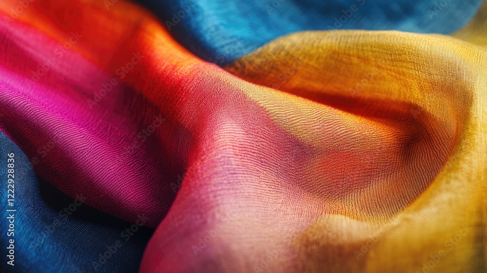 Poster Vibrant multi colored folded fabric close up with smooth texture and blank space for text or design elements in a creative project