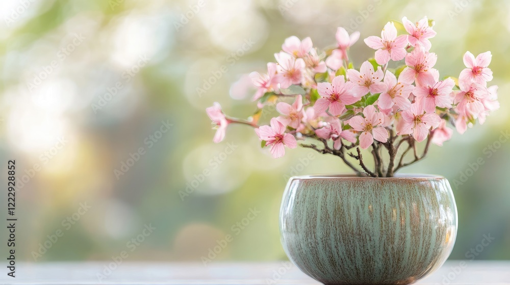 Poster Ceramic planter with delicate pink flowers against a blurred background offering empty space for text and design elements