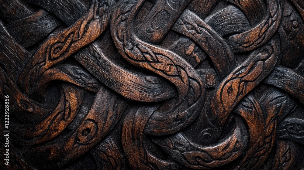 Poster intricate dark wood textured background with complex knots and woven patterns ideal for adding custo