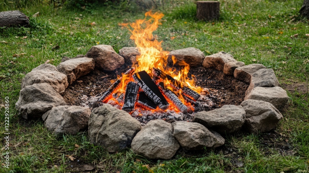 Poster warm campfire surrounded by stones symbolizing financial independence with empty copy space for text