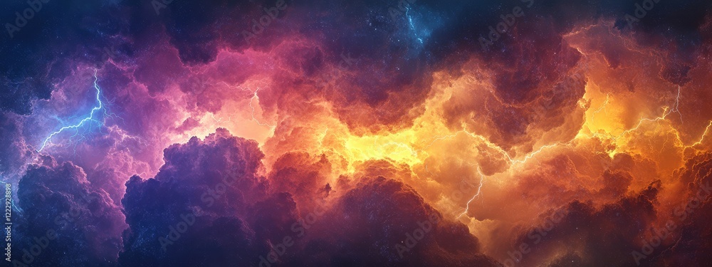 Poster dramatic lightning-filled sky with colorful clouds during storm creating perfect empty space for ove