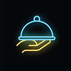 Neon sign of a hand holding a covered restaurant platter glowing on a black background