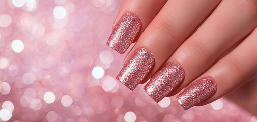 Luxury manicure showcasing rose gold glitter nails with soft focus lighting effects.