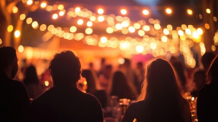 Community celebration event with warm bokeh lights and empty space for text featuring diverse attendees enjoying togetherness and ambiance