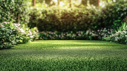 Lush green community garden in urban setting with tranquil atmosphere and ample empty space for text or promotional content