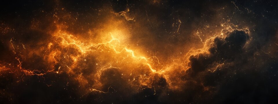 Dramatic lightning in a dark cloudy night sky digital art with vibrant hues and ample space for text or overlays.