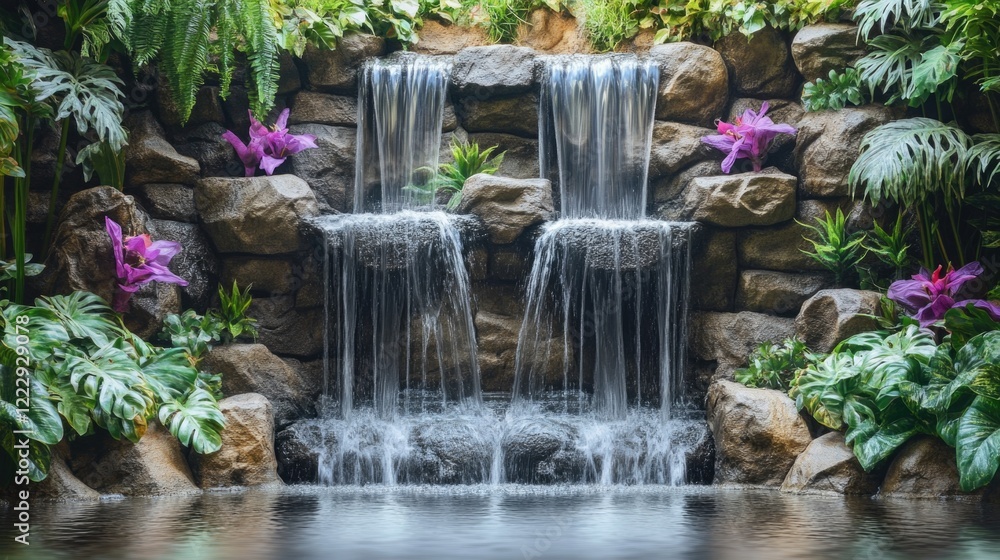 Poster tranquil waterfall cascading over stones surrounded by lush greenery and vibrant flowers with blank 