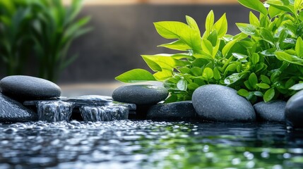 Serene close-up of a flowing water stream surrounded by lush green plants and smooth stones with ample space for text overlay