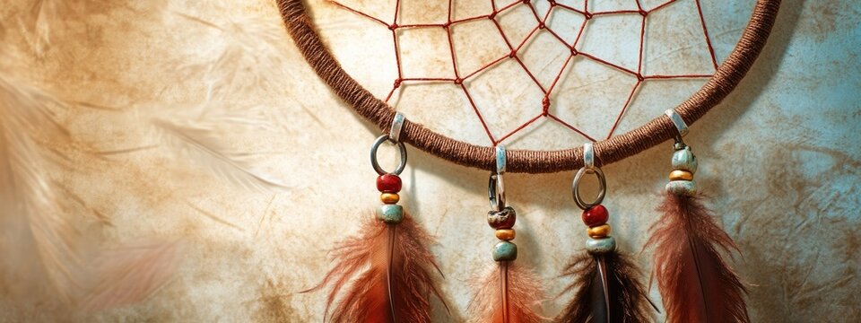 Dreamcatcher with rings and feathers on textured background providing space for text and personalization for various creative uses. - Powered by Adobe