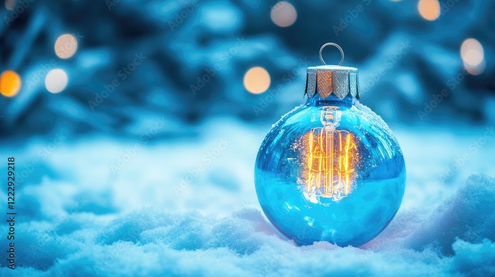 Poster glowing blue glass bulb ornament in snow with soft bokeh lights background and empty space for holid