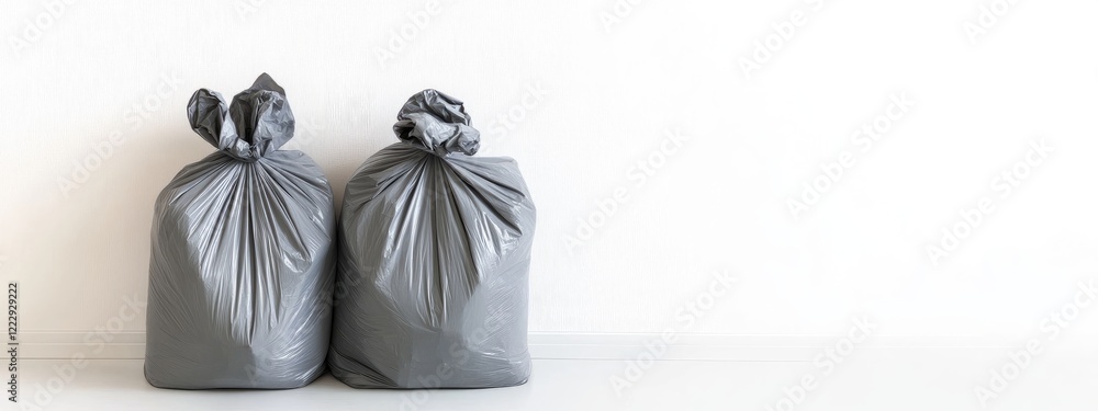Poster gray garbage bags on white background with empty copy space for text ideal for cleanup or waste mana