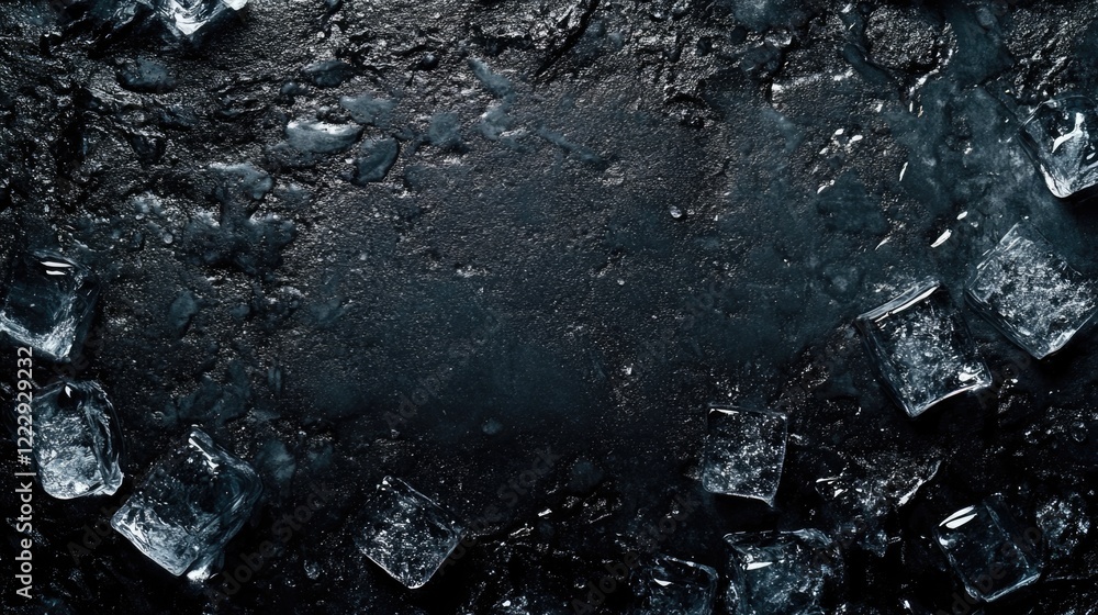 Poster Close up of ice cubes surrounded by water on a dark textured surface with ample copy space for creative text placement