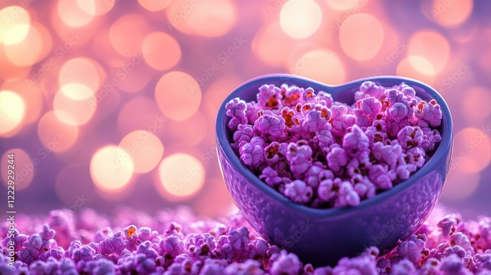 Poster Heart shaped bowl filled with vibrant purple popcorn on a blurred bokeh background creating a festive and playful atmosphere for text placement