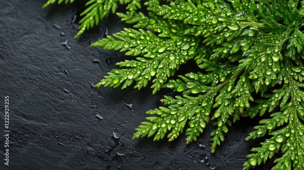 Poster close up of a dewy green plant leaf against a dark background highlighting nature with ample space f